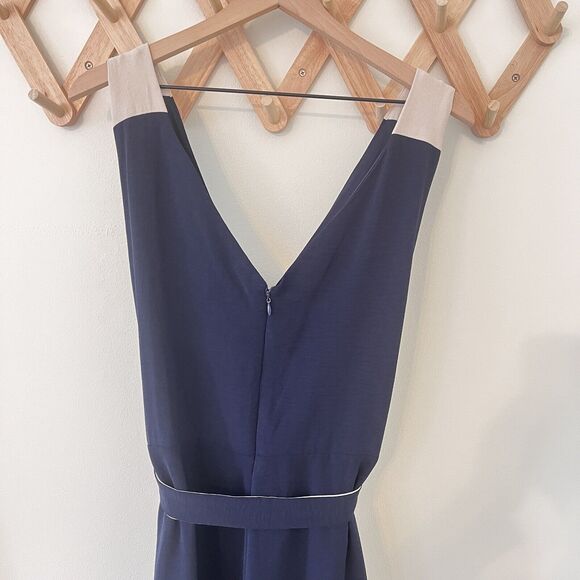 DKNY Colorblocked Belted Faux-Wrap Dress Navy Beige Size 16 - Picture 7 of 10